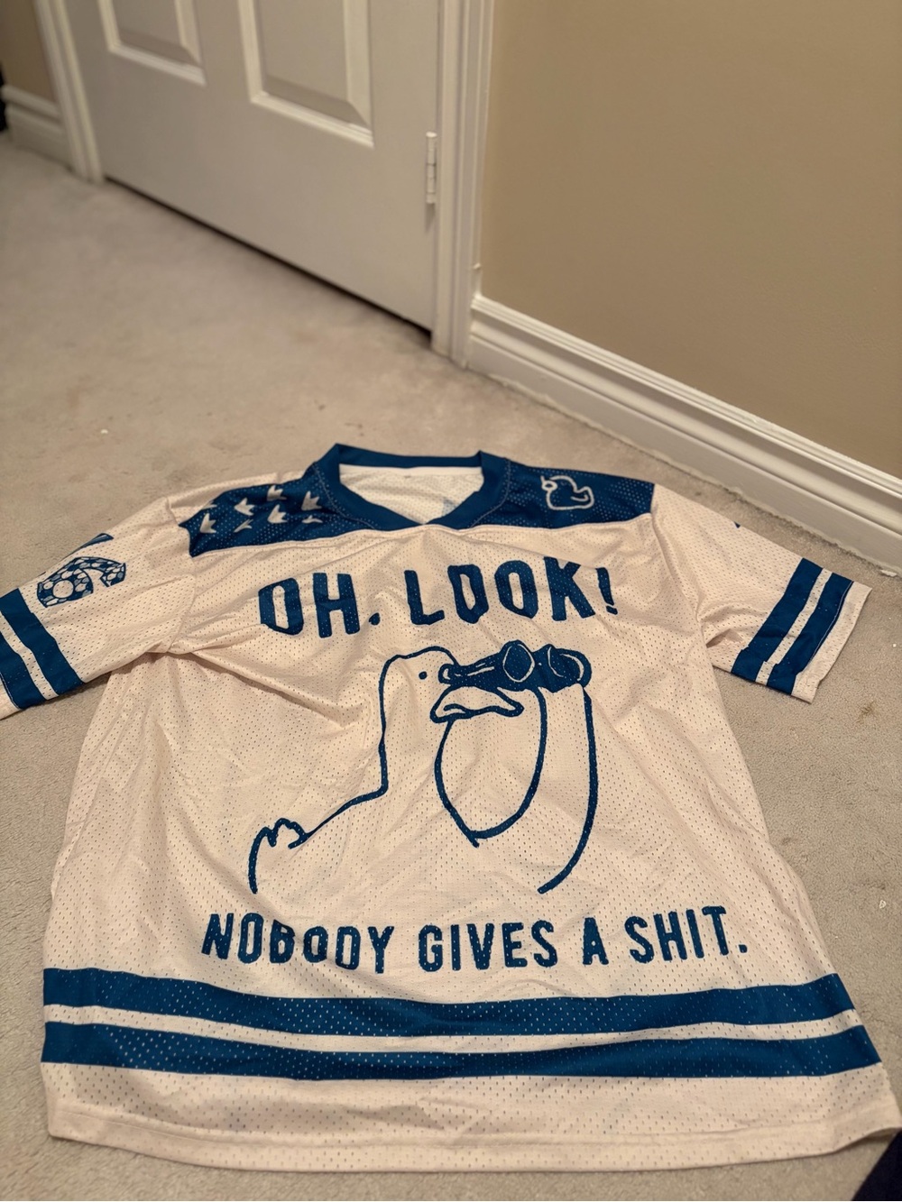 OH. LOOK! White & Blue Short Sleeve Graphic Tee